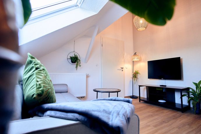 Gemütliches Sofa und Fernseher im Wohnbereich von Living Apartments Ferienwohnung